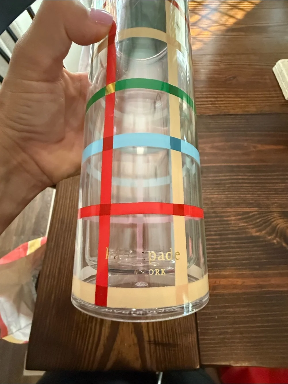 kate spade Clear Tumbler with Green Lid and Red, Blue & Cream Plaid